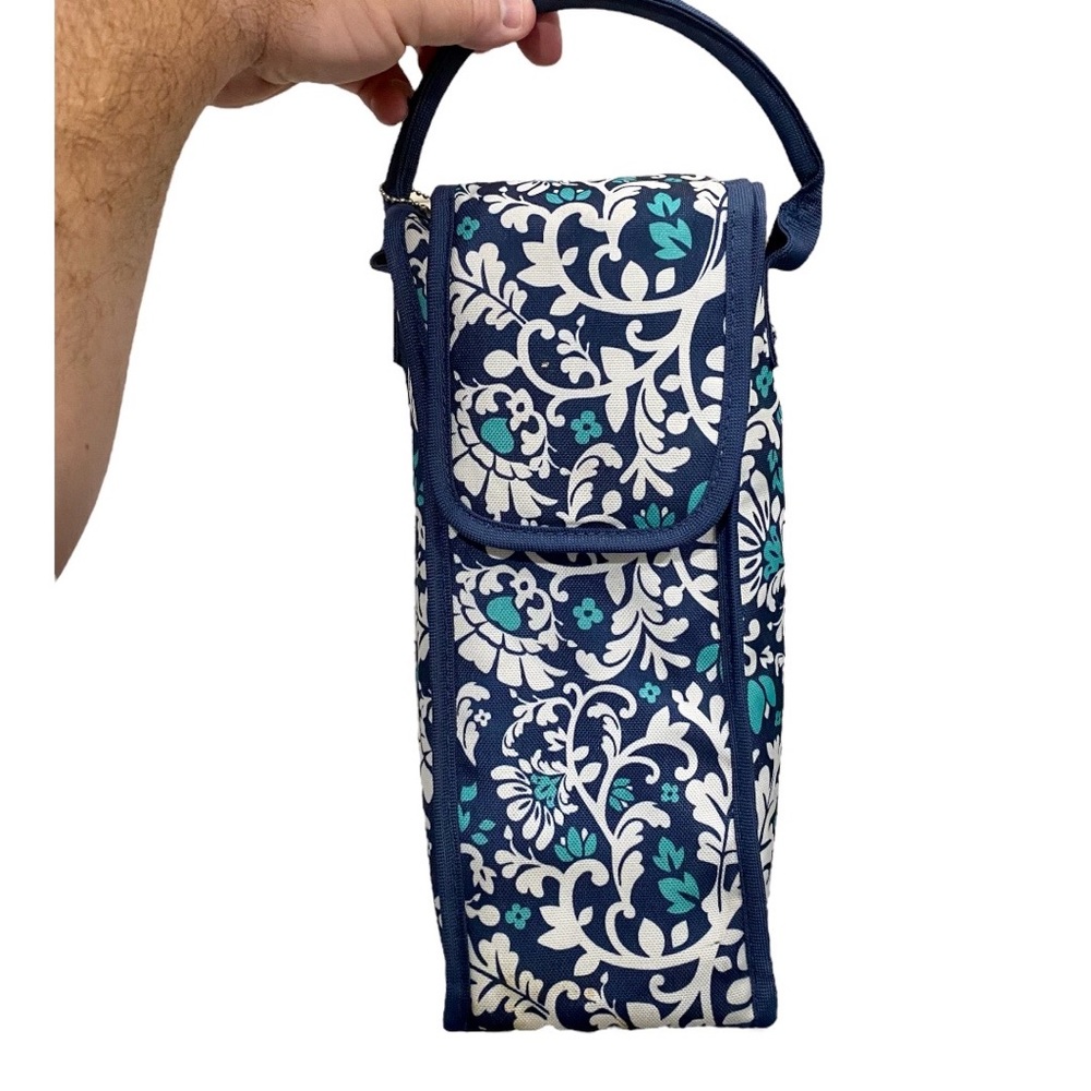 Single bottle wine carrier tote bag insulated & padded w/handle White Blue